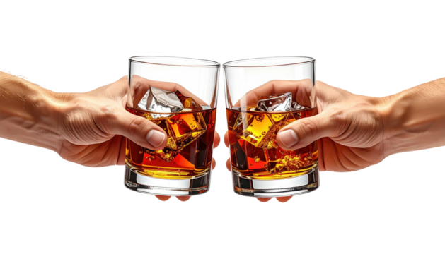 Two hands toasting crystal tumblers filled with amber liquid