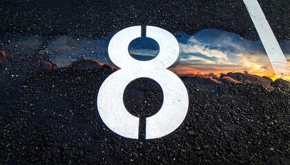Close-up of black asphalt with a white numeral 8 painted on it. The number partially overlaps a small puddle reflecting a sunset