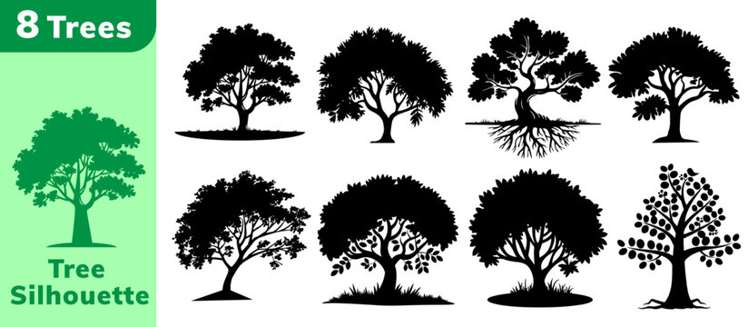 Tree silhouette vector icons set, Set of tree vector, tree, silhouette, branch, forest, trees, set.