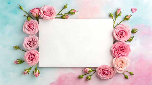 Soft pink roses and buds arranged around a blank white square card on a watercolor background