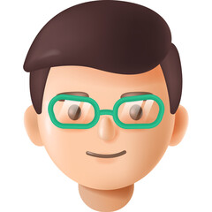 Stylized 3D Cartoon Character Portrait Wearing Teal Eyeglasses and Brown Hair Isolated on White Background