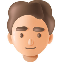 Stylized 3D Cartoon Male Face Head Portrait with Brown Hair and Smooth Skin on Transparent Background and Soft Lighting