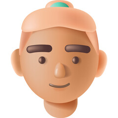 Stylized 3D illustration of a person's head with peachy skin tone and brown eyes smiling gently on a transparent background