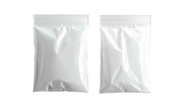 Two blank, white, zipper-sealed, plastic bags, front-facing
