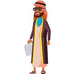 Smiling Arab Businessman Wearing Traditional Thobe Keffiyeh and Sunglasses Holding a Briefcase Isolated on White Background