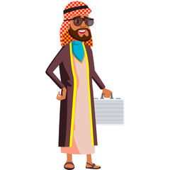 Smiling Arab Muslim Old Man Wearing Traditional Keffiyeh Sunglasses Holding a Briefcase and Standing Confidently on a White Background