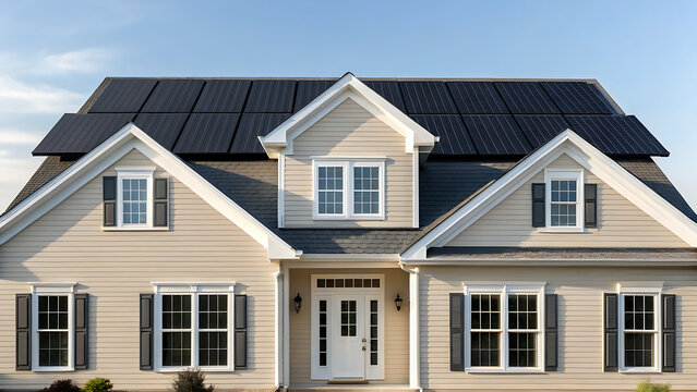 Modern suburban house with dark solar panels installed on the roof under a clear blue sky