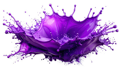Purple fluid splashes upwards with droplets against black backdrop