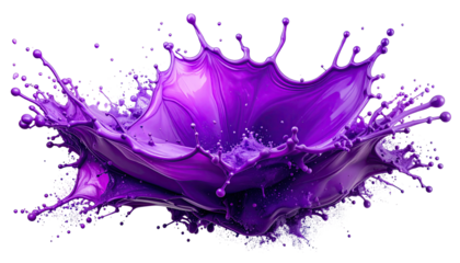 Purple fluid splashes upwards with droplets against black backdrop