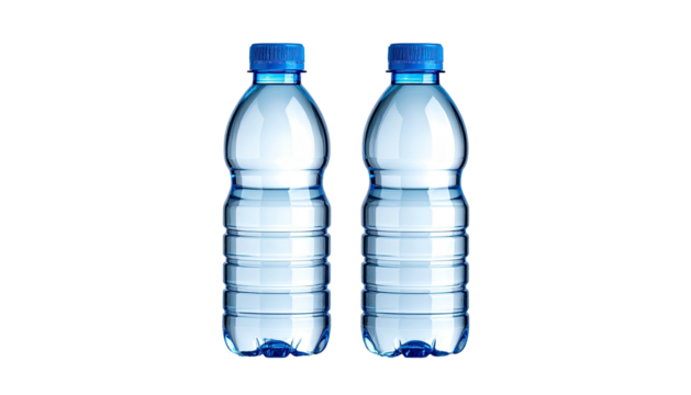 Two clear plastic water bottles with blue caps, isolated