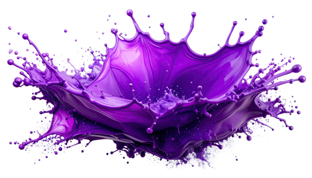 Purple fluid splashes upwards with droplets against black backdrop