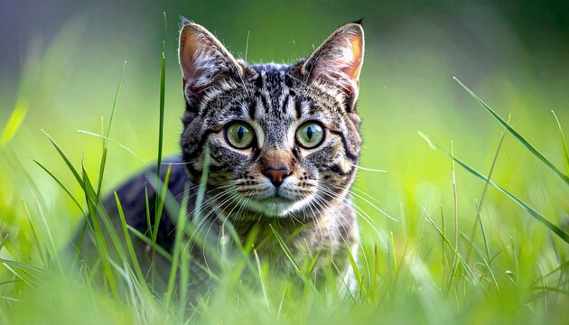 A detailed close-up of a tabby cat's face, with its striking green eyes looking directly at the camera, surrounded by lush green grass. - Powered by Adobe