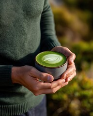 Close-up of hands holding a warm cup of matcha latte, with foam art on top, wearing a turtleneck sweater, background softly blurred, golden hour lighting, cozy autumn aesthetic