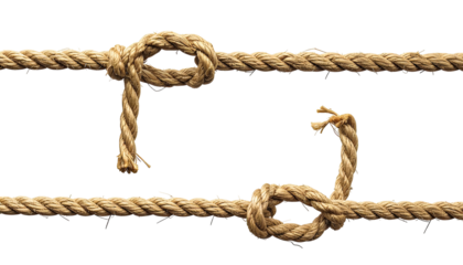 Two ropes, one with a knot, one frayed, against black