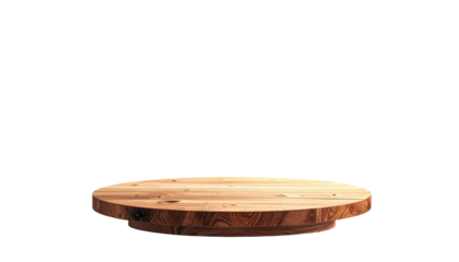 Round wood display stand against black void for showcasing items