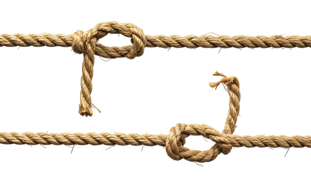 Two ropes, one with a knot, one frayed, against black