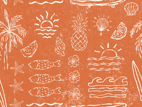 Hand drawn pattern of seamless summer. Pattern beach vibes design.Sun, Fish, pineapple, shell, surfboard, summer flower, fruit , print vector.
