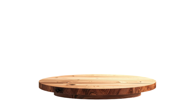 Round wood display stand against black void for showcasing items