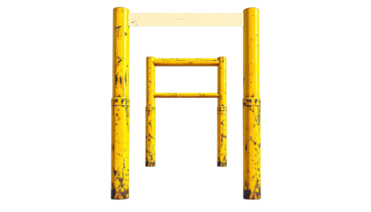 Yellow metal structure, three frames nesting, against black