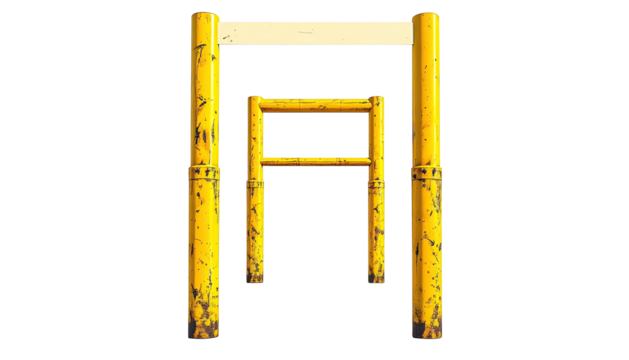 Yellow metal structure, three frames nesting, against black