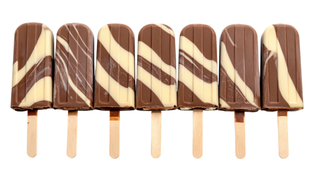 Row of chocolate-vanilla swirled popsicles on wooden sticks