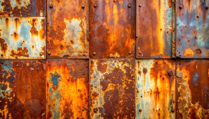 Close-up of weathered, rectangular metal panels displaying textures, hues of orange, brown, and blue. The surface reveals rust and rivets