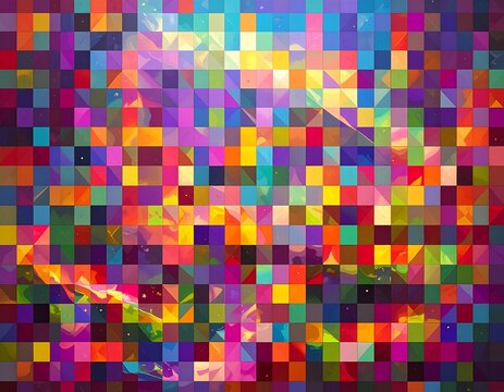 Vibrant mosaic of colorful squares and triangles, creating an abstract, energetic pattern - Powered by Adobe