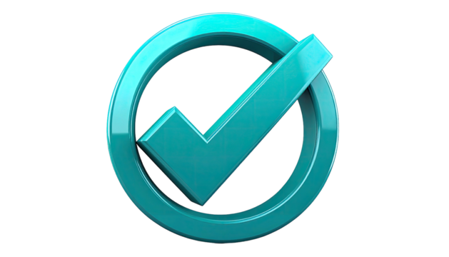 Cyan checkmark inside circle, glossy 3D render on black ground