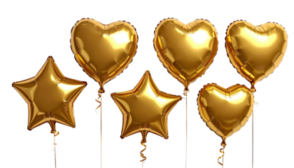 Gold balloons, star and heart shaped, against black backdrop