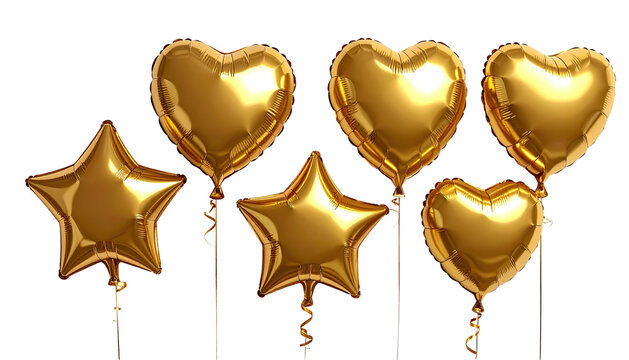 Gold balloons, star and heart shaped, against black backdrop