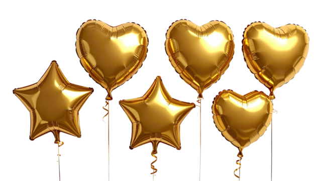Gold balloons, star and heart shaped, against black backdrop