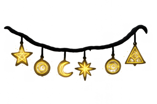 Esoteric glowing occult symbols garland hanging on a rope with transparent background, magic and mystery concept
