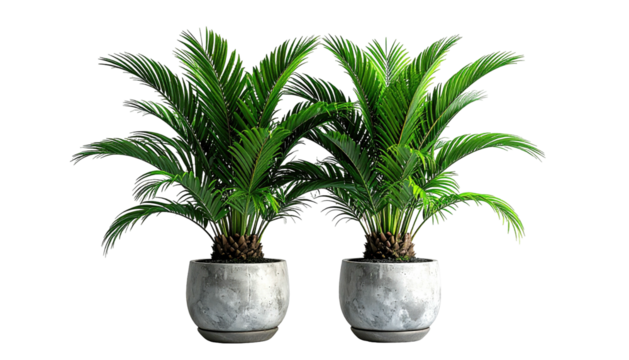 Two green cycas palms in gray pots against a black backdrop
