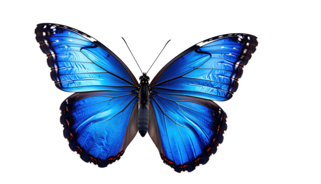 Brilliant, captivating blue butterfly open, isolated on black