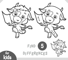 Cute cow and sheet of paper. Find differences, education black and white game for kids
