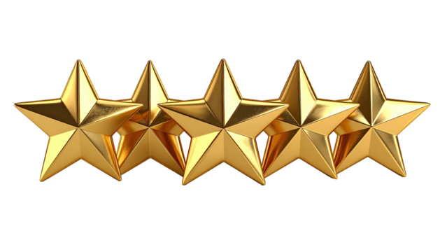 Row of five gold, metallic stars; render on black background
