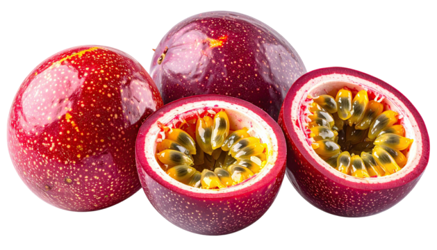 Passion fruits display with halved seeds, pulp, and colorful rind