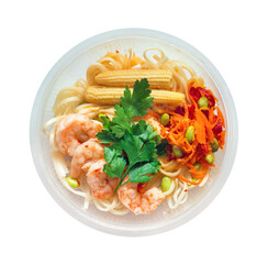 takeaway streetfood lunch with noodles, shrimp, corn
