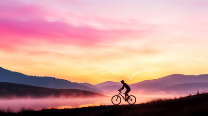 Fototapeta premium Cyclist riding along a riverbank at dawn, heartbeat line in the clouds, symbolizing cycling's rhythm with nature