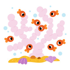 Cute pink corals and kawaii little fish. Flat vector characters on white background for kids designs about sea and ocean and for educational materials.
