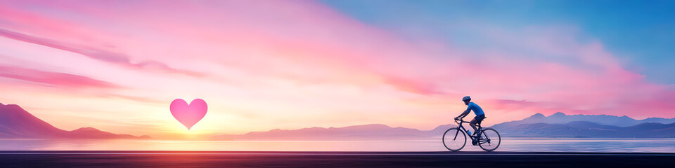 A cyclist pedaling along a coastal road, heart-shaped sunset in the background, representing a love for cycling