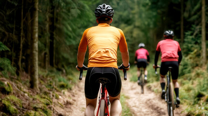 Group of cyclists riding through a forest trail, heartbeat lines in the background, symbolizing group fitness and cycling passion