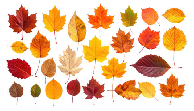 Variety of autumn foliage with warm hues against a black background