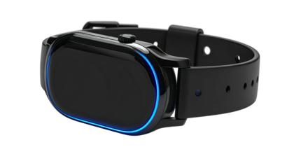 Sleek black futuristic smartwatch with a glowing blue outline