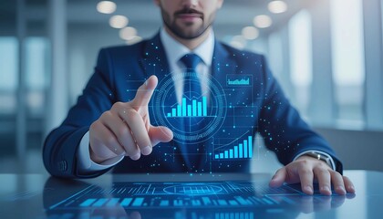 Modern businessman using holographic interface to manage trading strategy, finance report, and digital economy growth