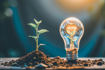 A glowing light bulb with a sprout growing inside next to a young plant in soil, symbolizing sustainability, green innovation, and eco-friendly ideas for future growth and development.