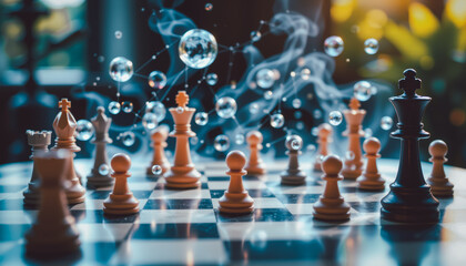 Chessboard with glowing connected bubbles symbolizes strategic thinking, innovation, decision-making, and complex planning in competitive and dynamic environments.