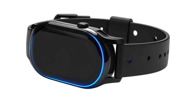 Sleek black futuristic smartwatch with a glowing blue outline - Powered by Adobe