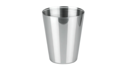 Reflective, silver, cylindrical metal cup on a dark background