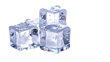 Three ice cubes sit, some with water drops, isolated background